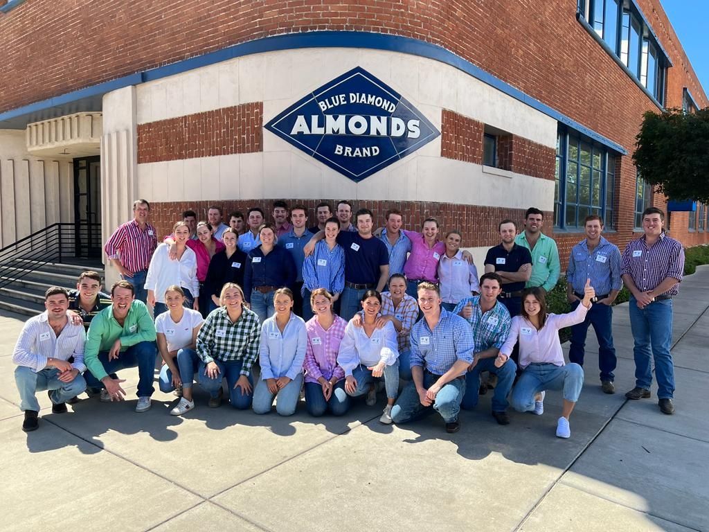 Agribusiness students and lecturers pose for photo at Blue Diamond Almonds